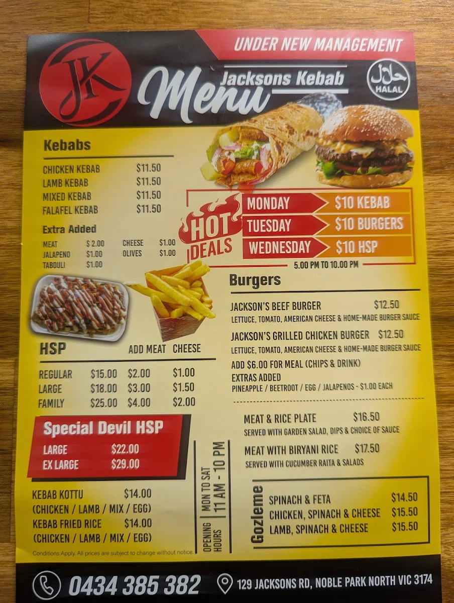 Menu, Jacksons Kebab