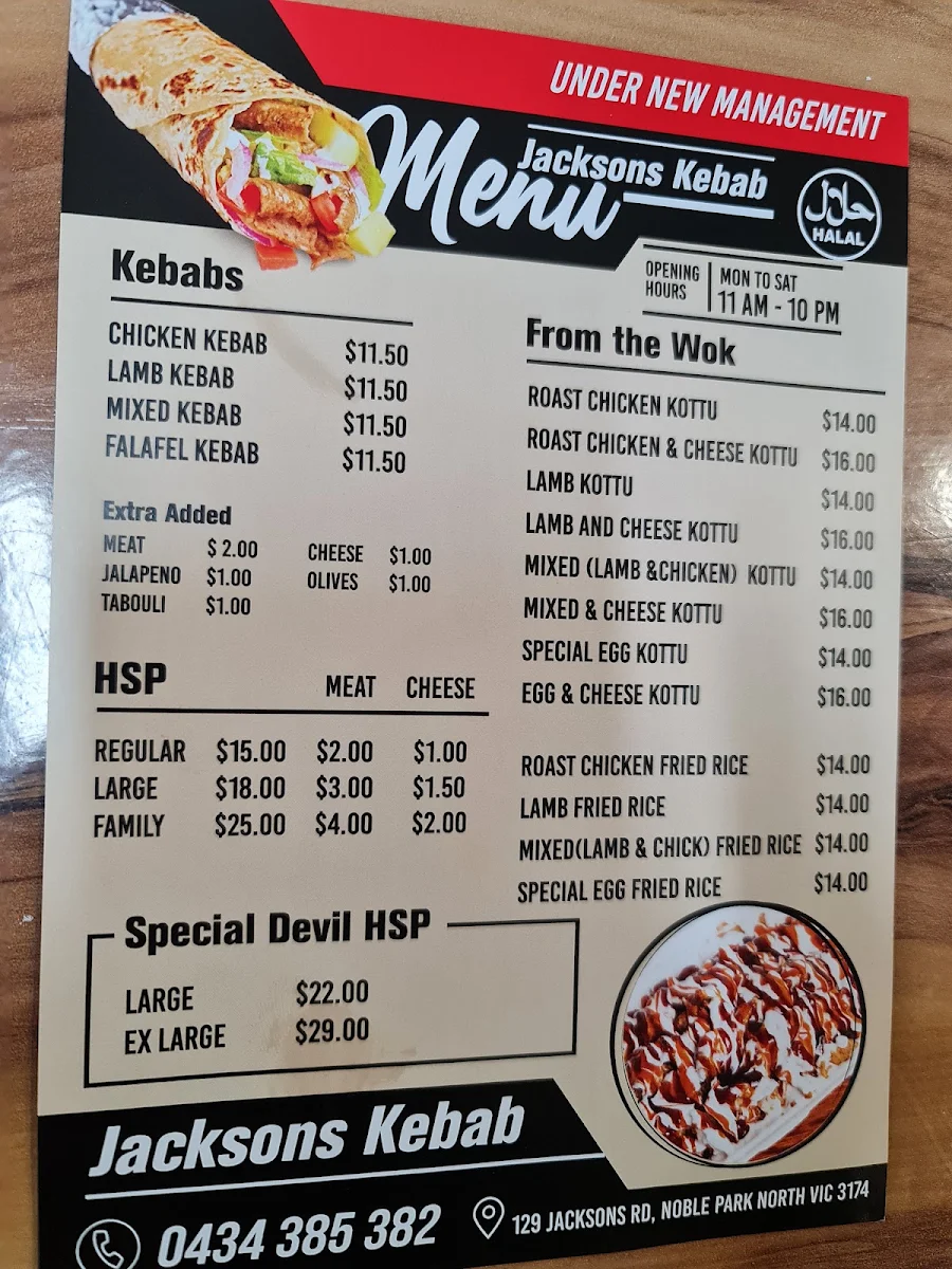 Menu, Jacksons Kebab