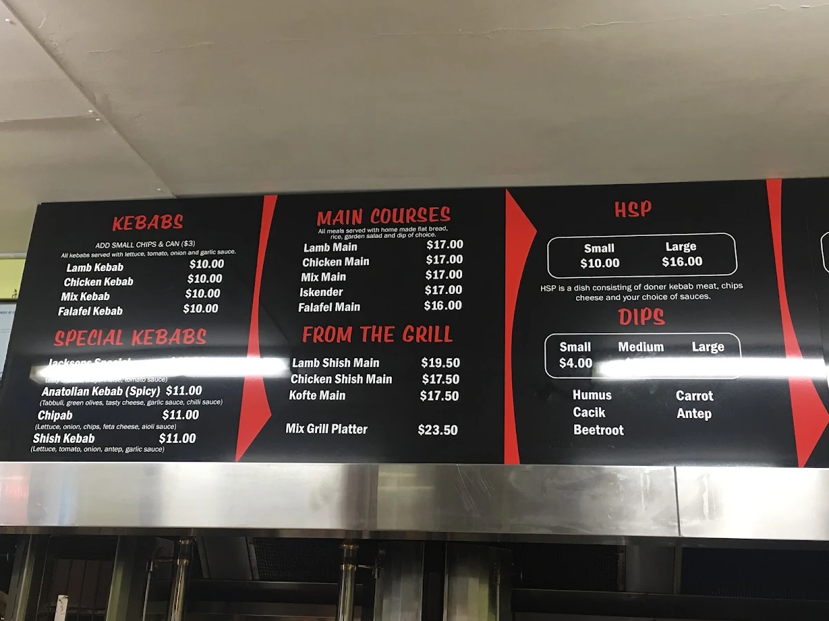 Menu, Jacksons Kebab