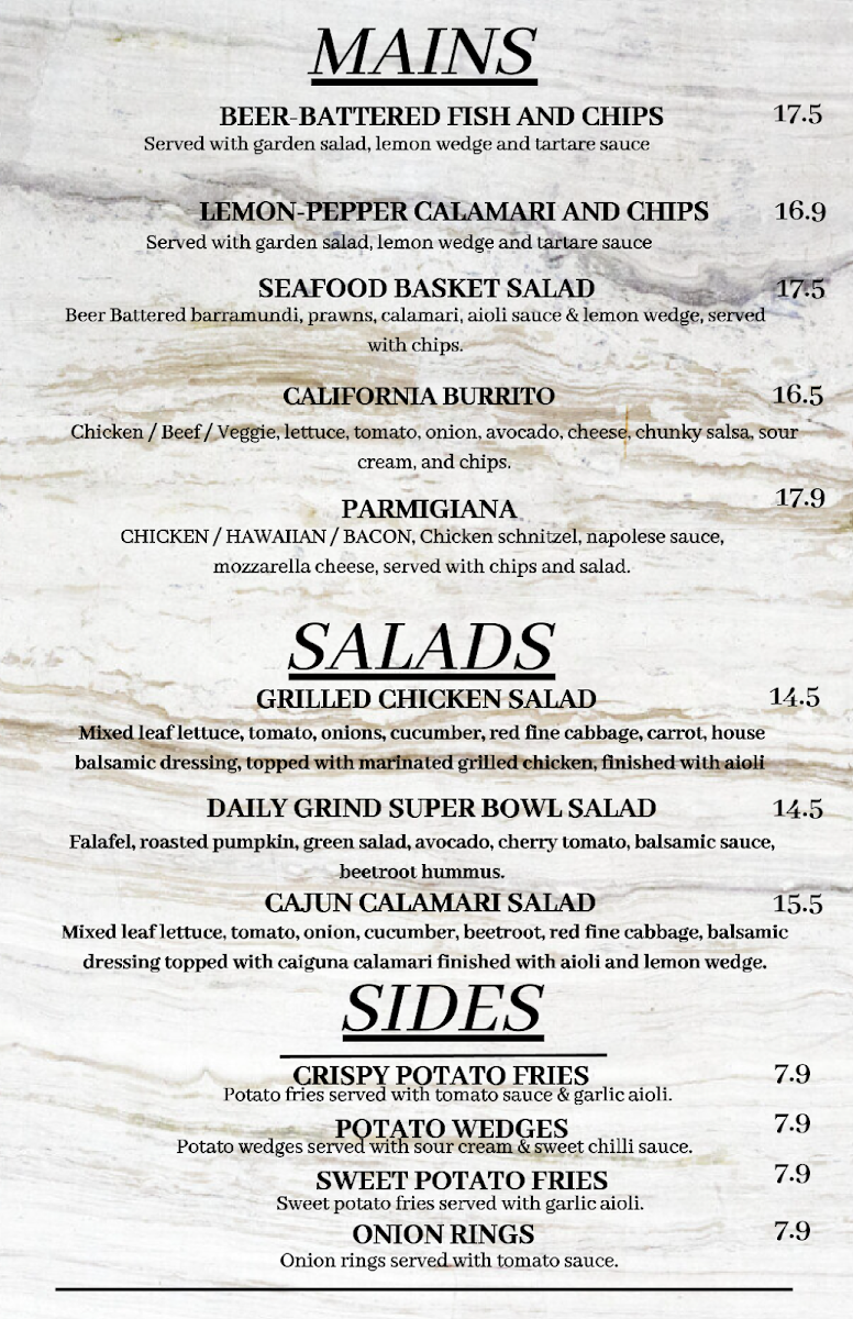 Menu, Daily Grind Cafe Truganina Central