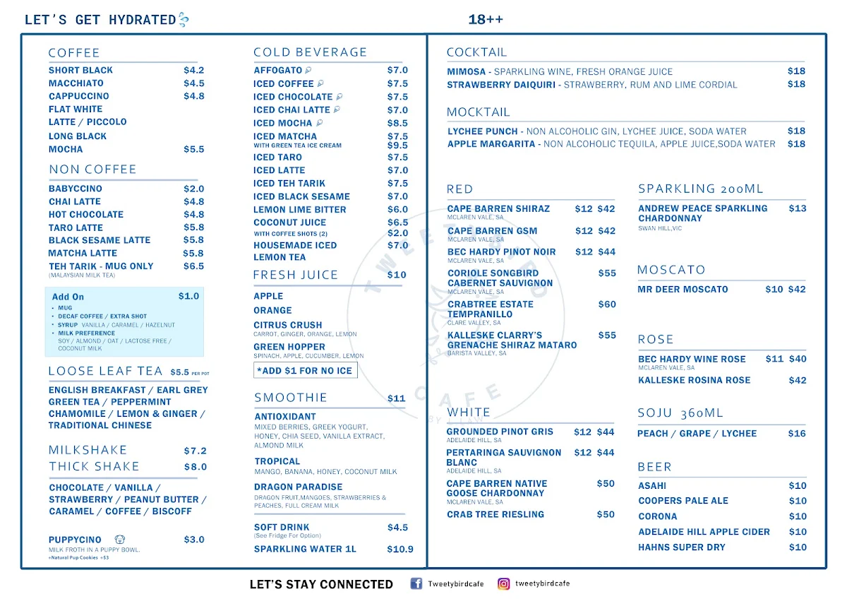 Menu, Tweety Bird Cafe