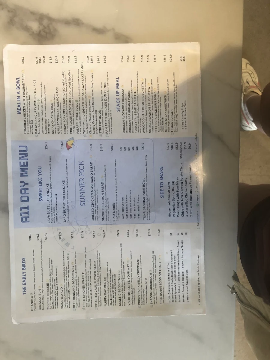 Menu, Tweety Bird Cafe