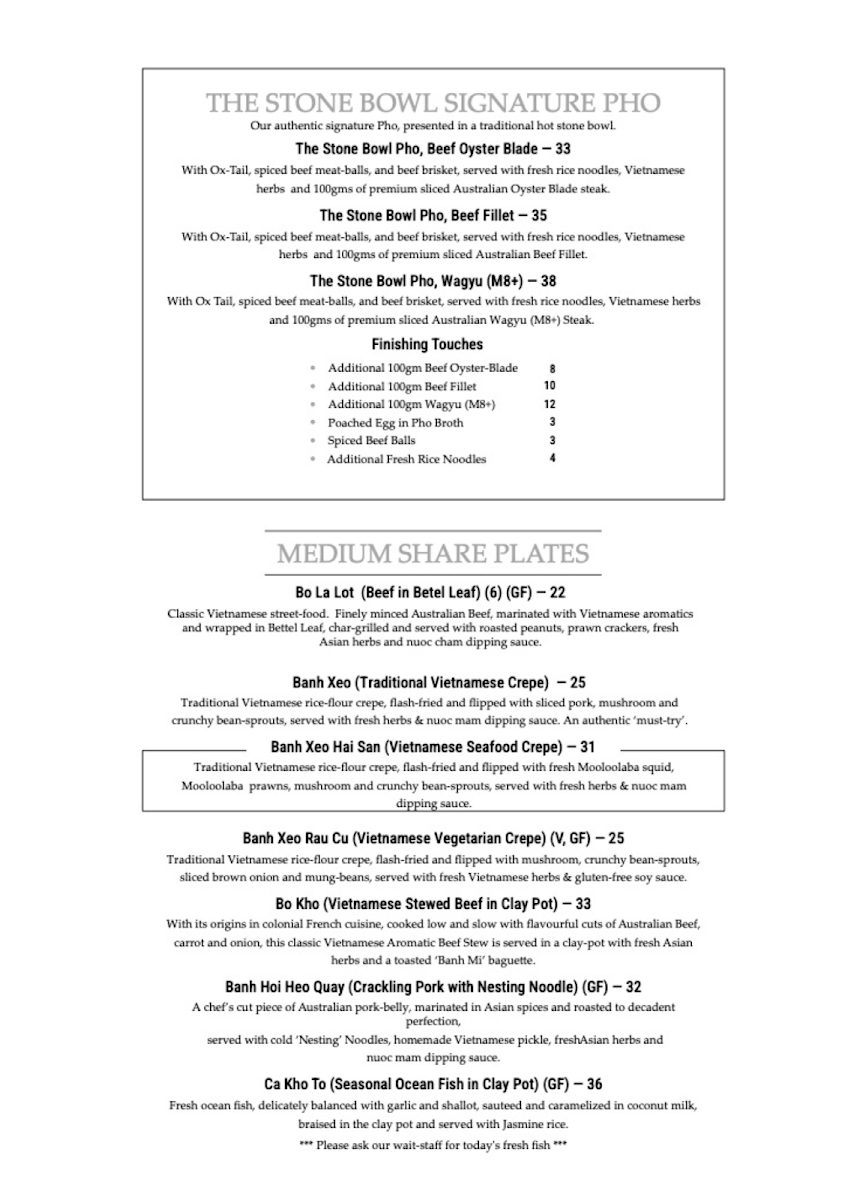 Menu, The Stone Bowl