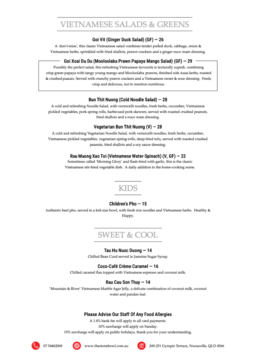 Menu, The Stone Bowl