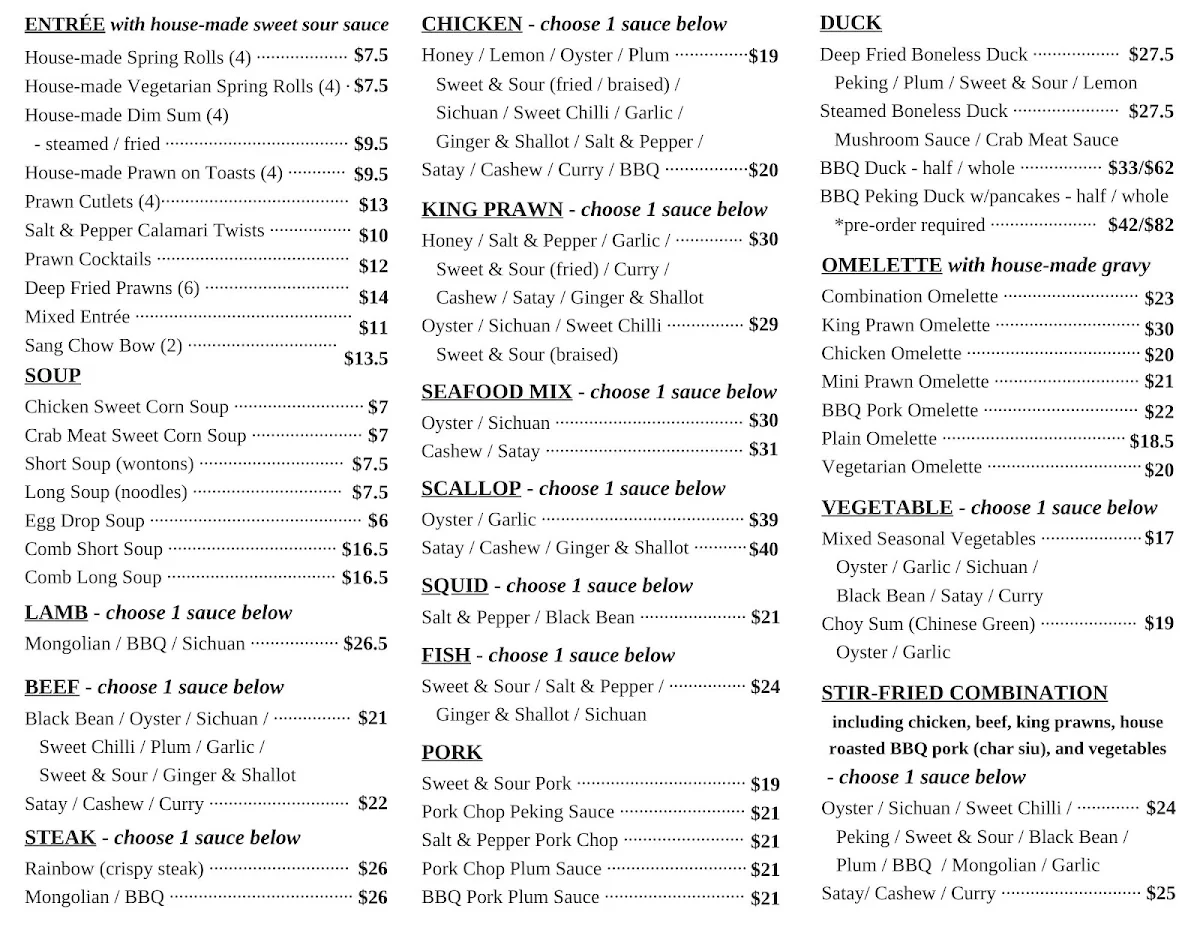 Menu, Albury Chinese Restaurant