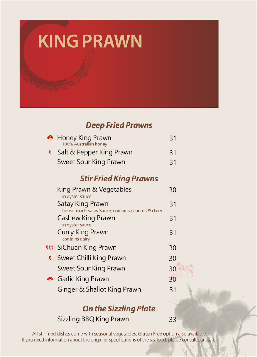 Menu, Albury Chinese Restaurant