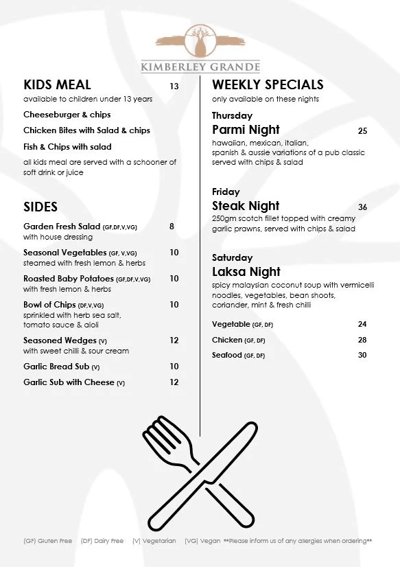 Menu, Kimberley Grande Sports Bar & Restaurant