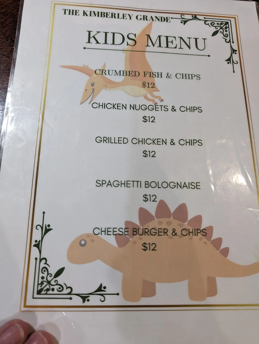Menu, Kimberley Grande Sports Bar & Restaurant