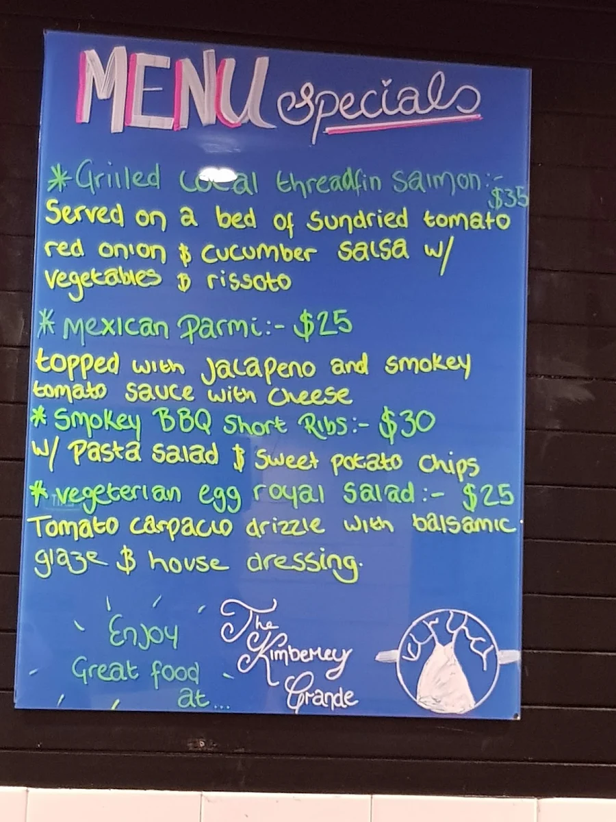 Menu, Kimberley Grande Sports Bar & Restaurant