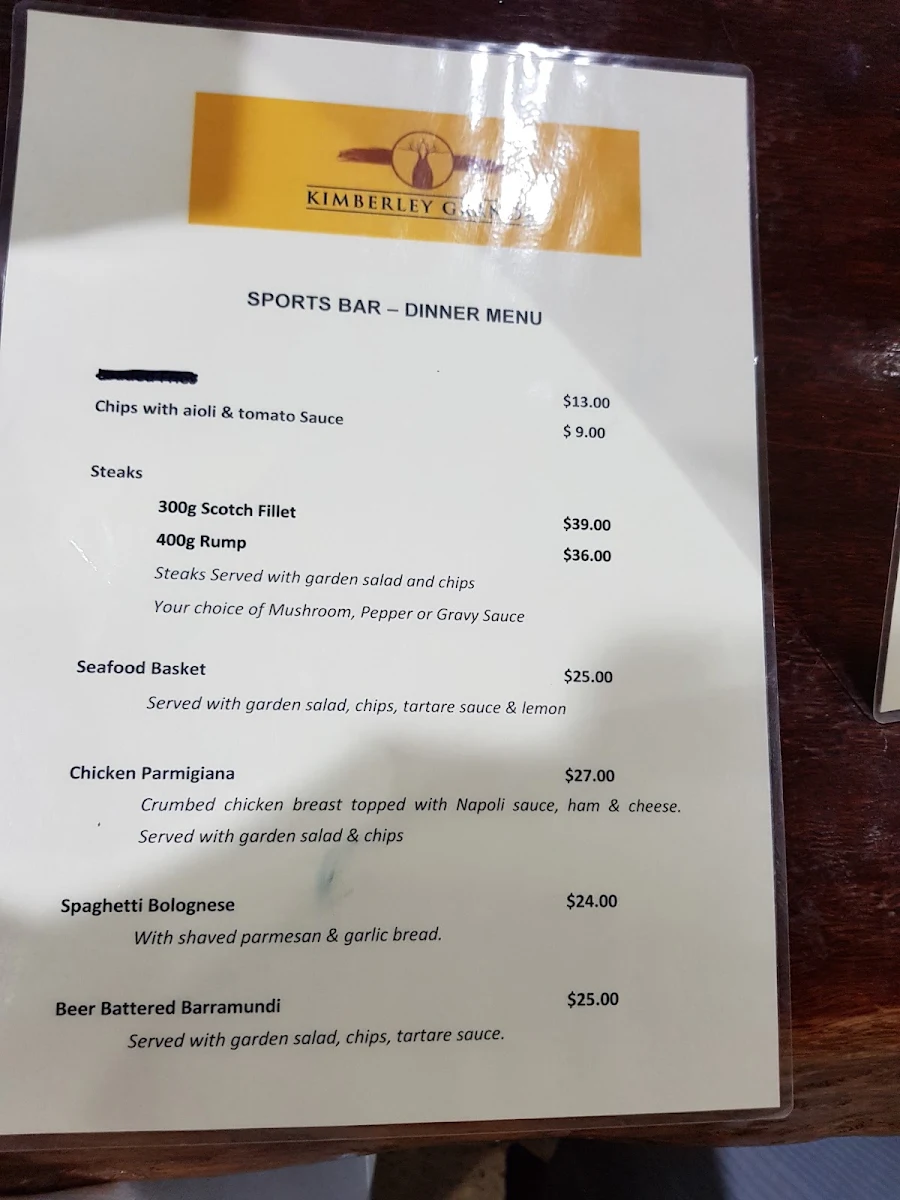 Menu, Kimberley Grande Sports Bar & Restaurant