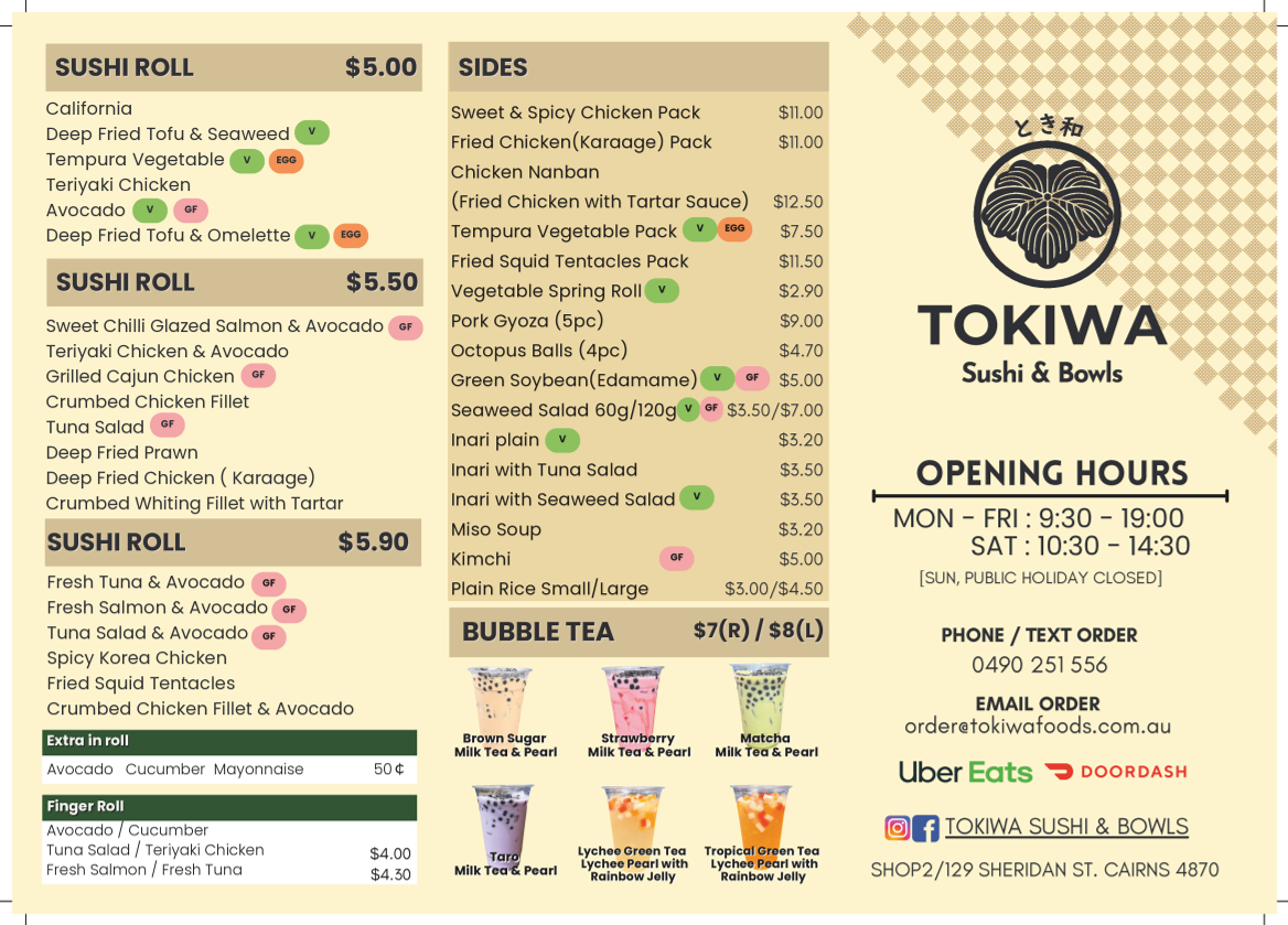 Menu, TOKIWA Sushi & Bowls