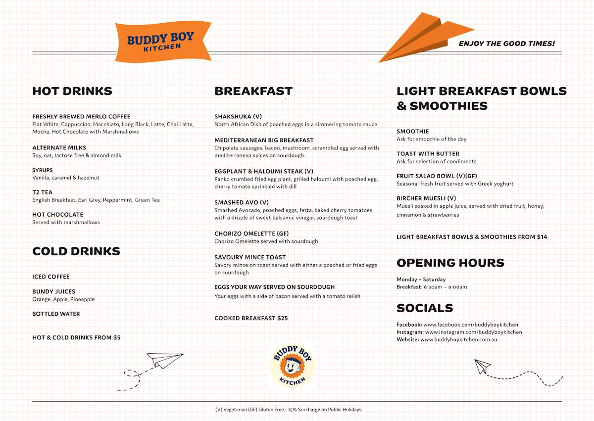 Menu, Buddy Boy Kitchen Rockhampton