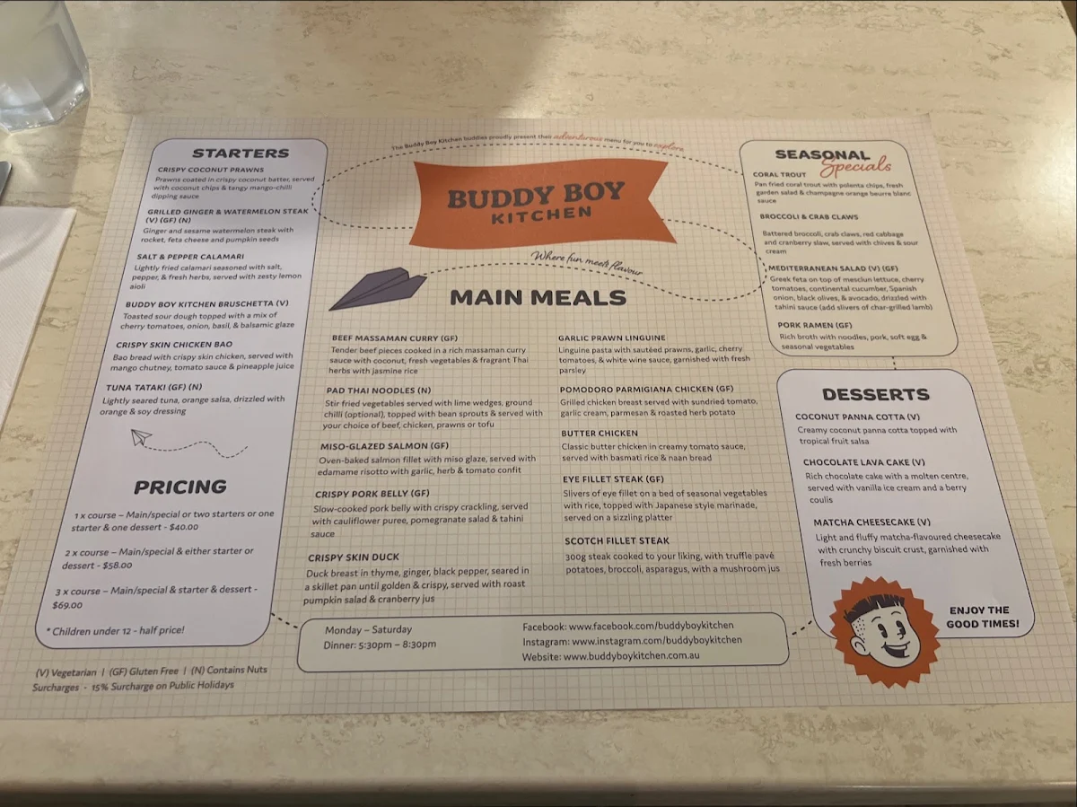 Menu, Buddy Boy Kitchen Rockhampton