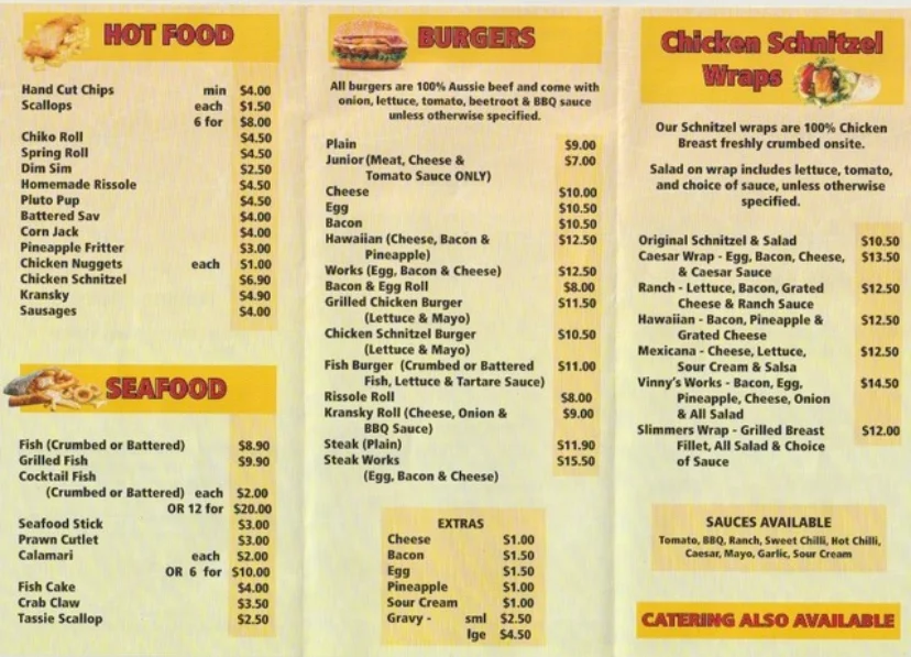 Menu, Vinny’s Takeaway Georgetown