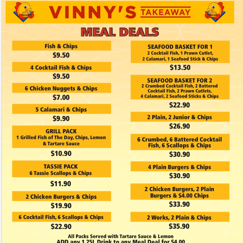 Menu, Vinny’s Takeaway Georgetown