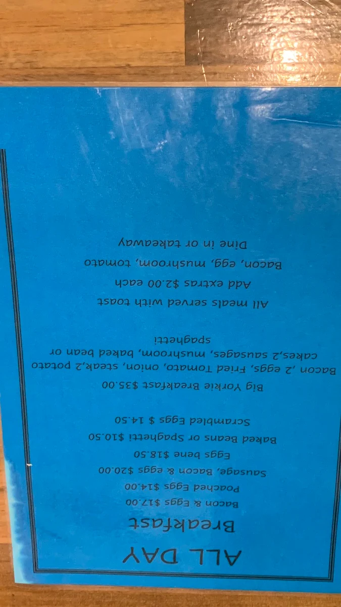 Menu, Settlers Cafe