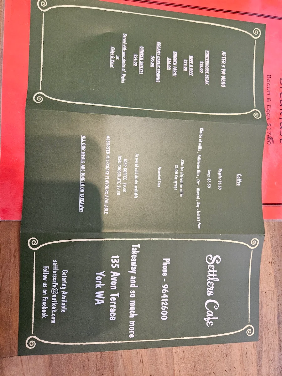 Menu, Settlers Cafe