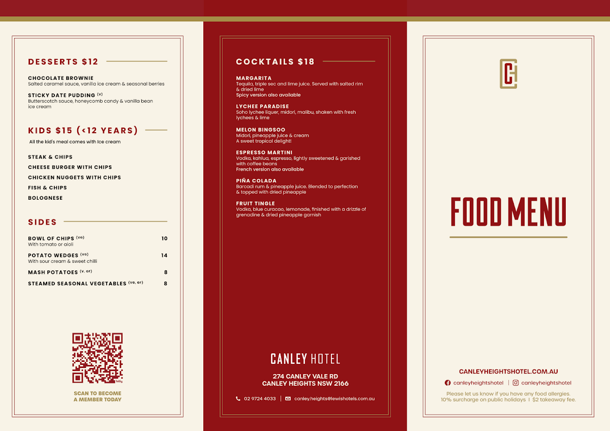Menu, Canley Hotel