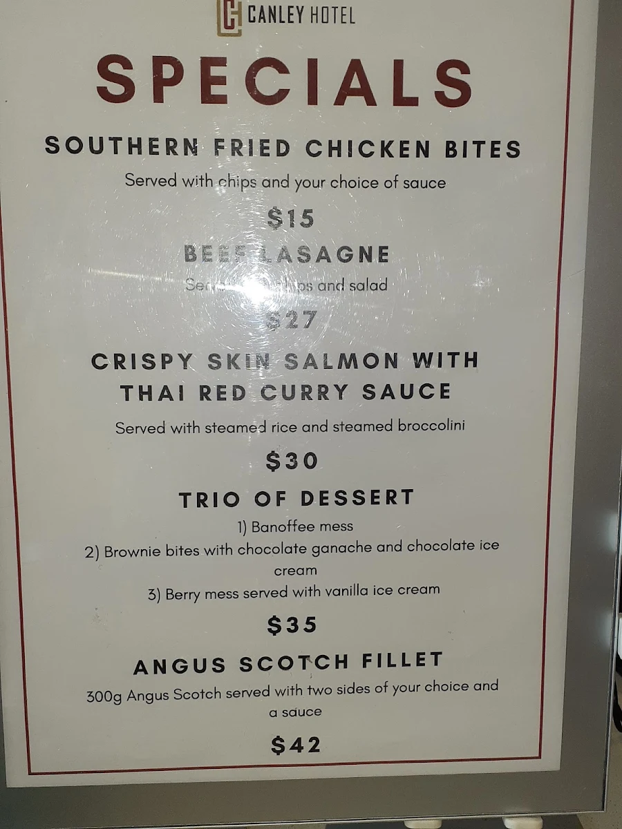 Menu, Canley Hotel