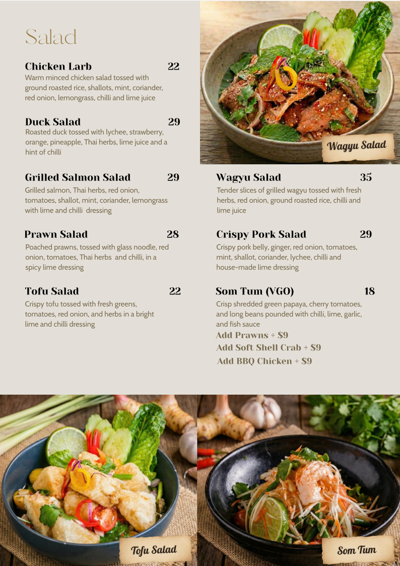 Menu, Tamrab Thai Taringa
