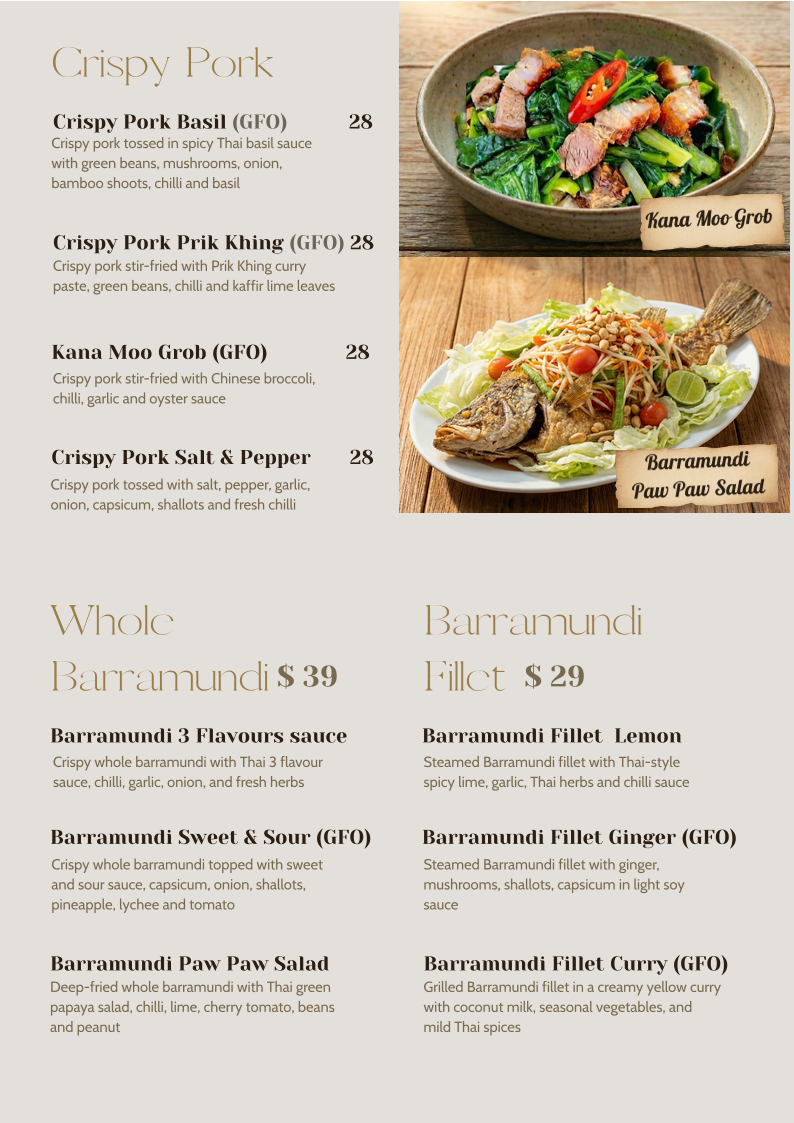 Menu, Tamrab Thai Taringa