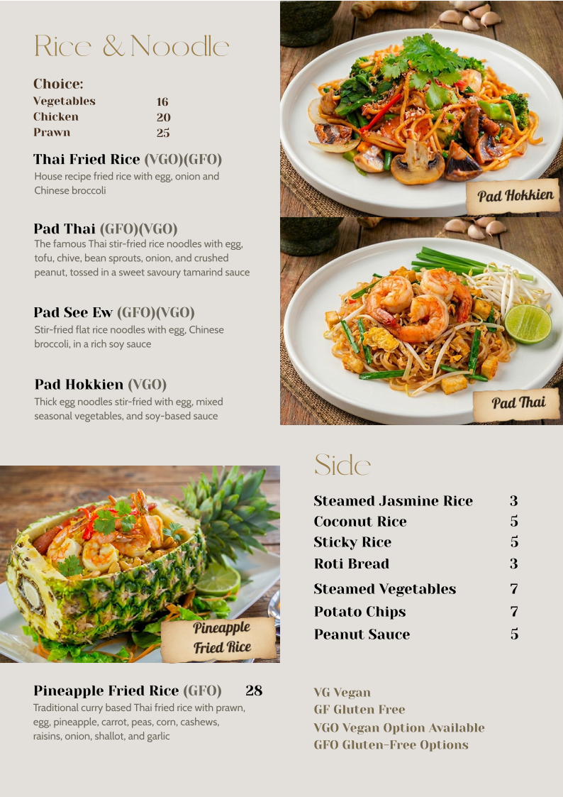 Menu, Tamrab Thai Taringa