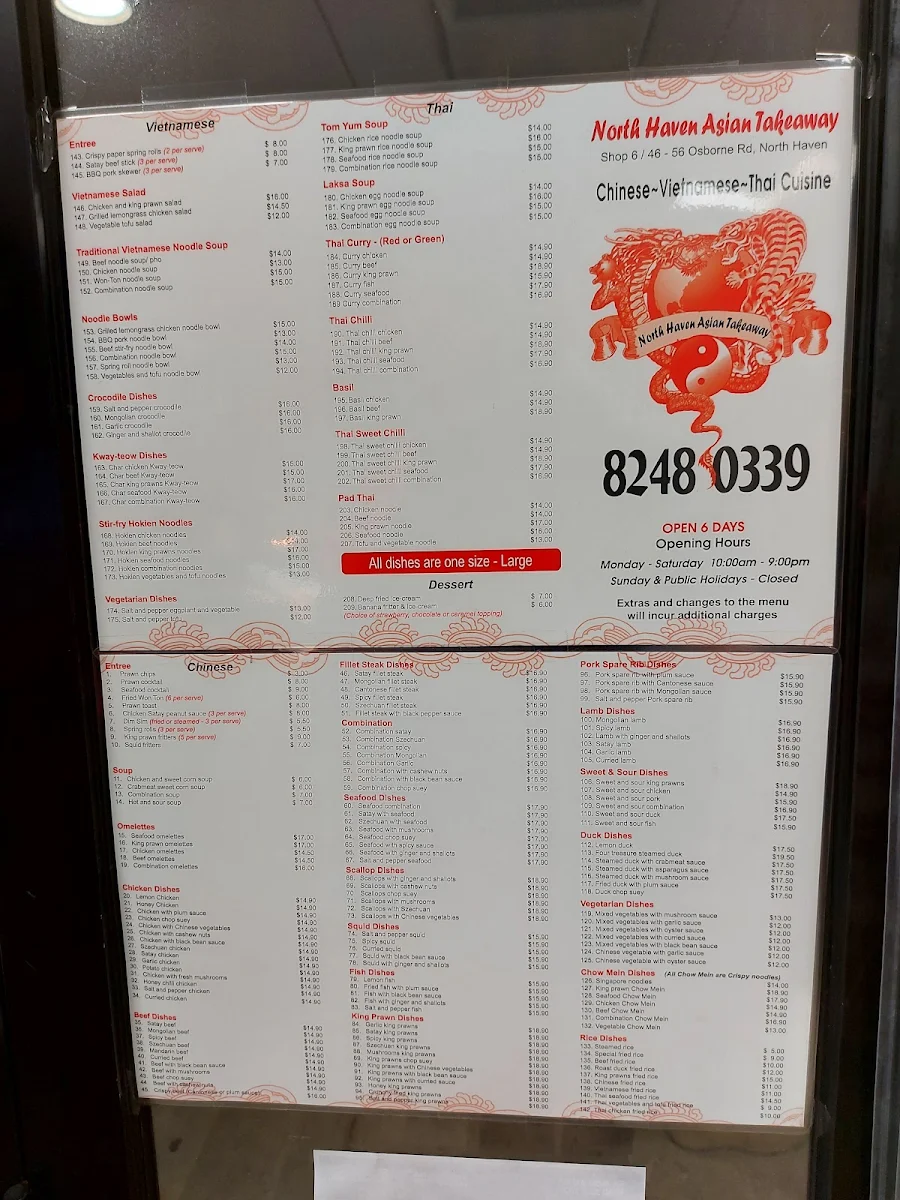 Menu, North Haven Asian Takeaway