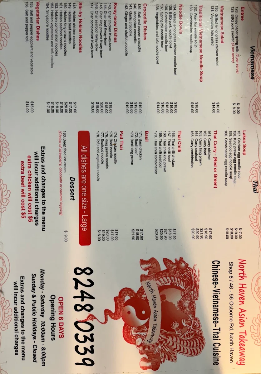 Menu, North Haven Asian Takeaway