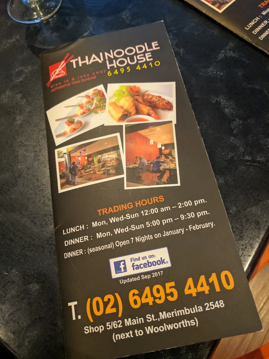 Menu, Thai Noodle House