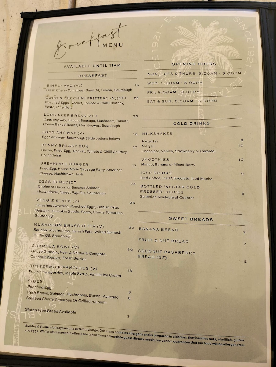 Menu, Long Reef Golf Club Cafe