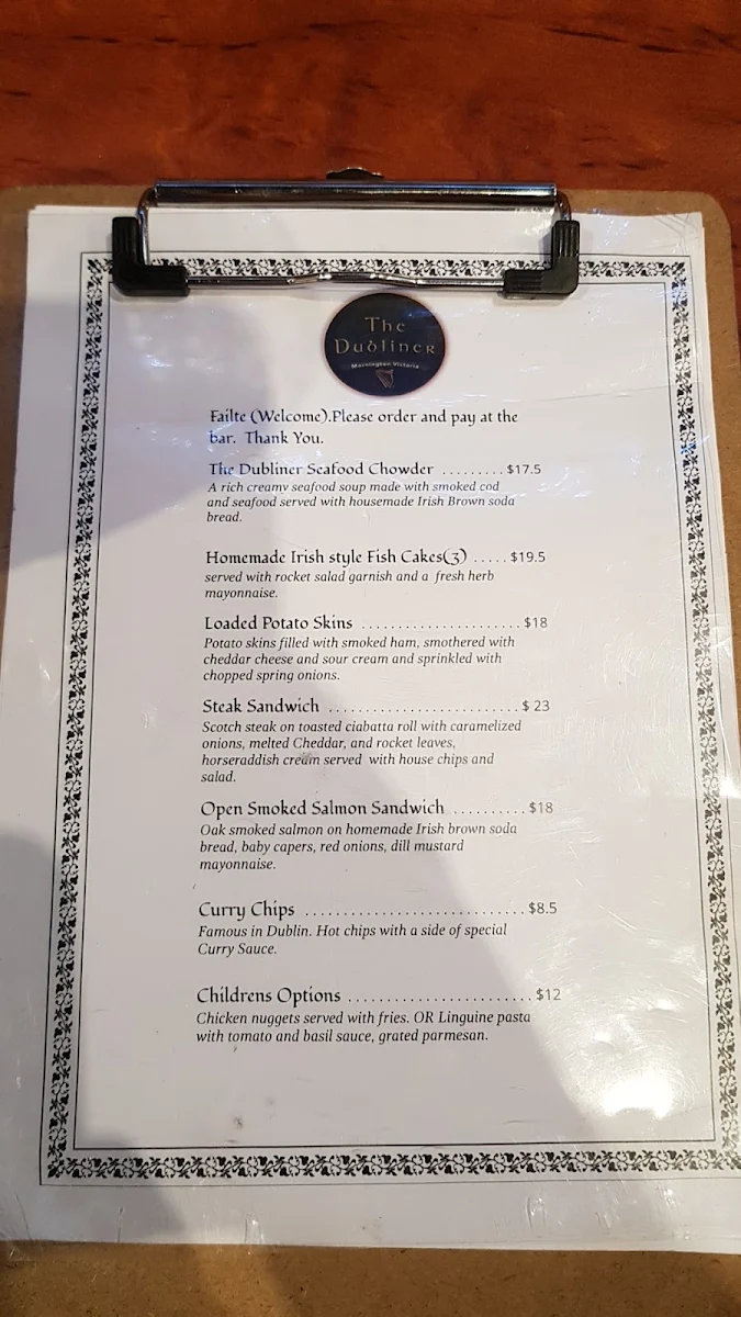 Menu, The Dubliner in Mornington