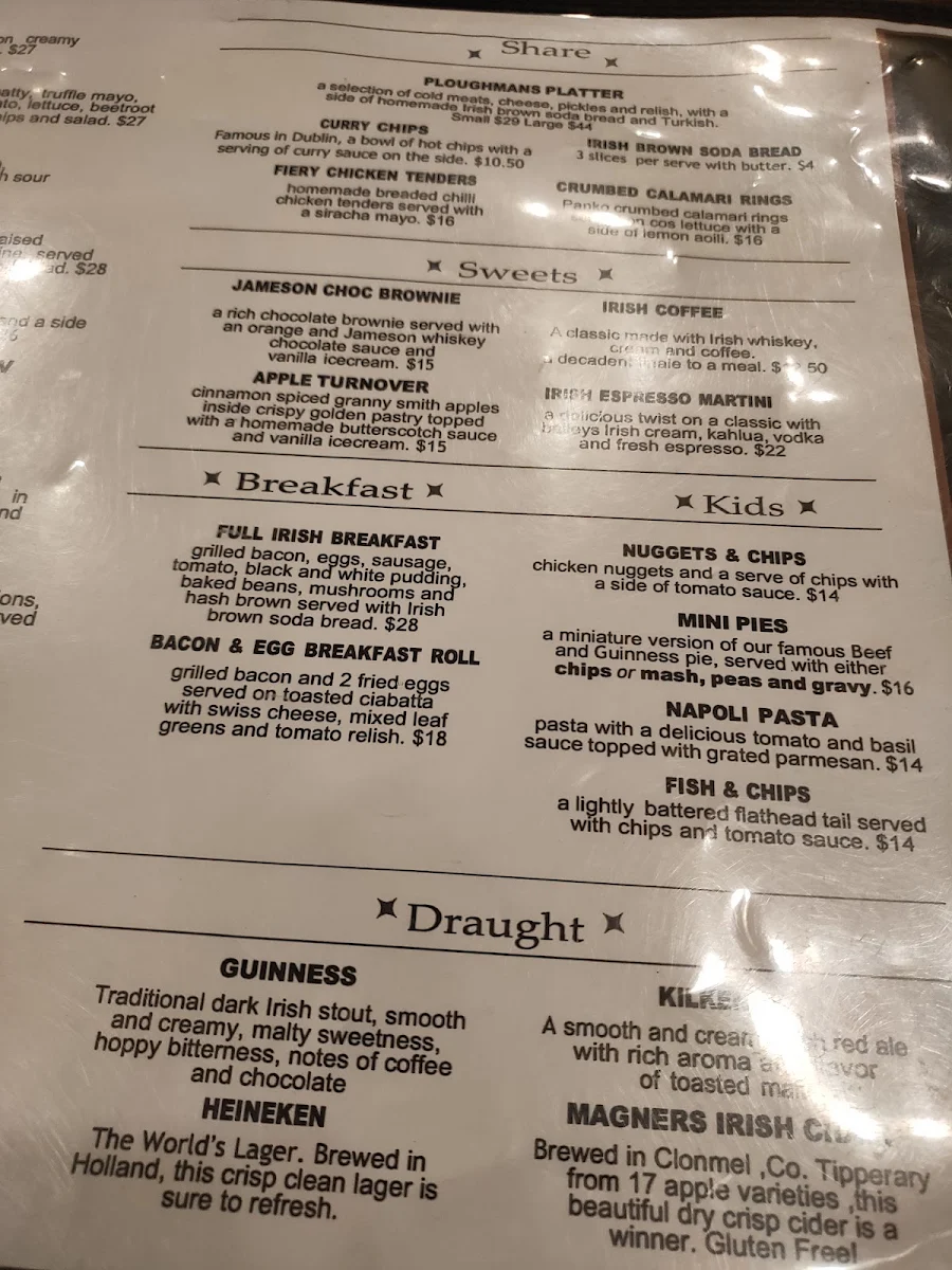 Menu, The Dubliner in Mornington