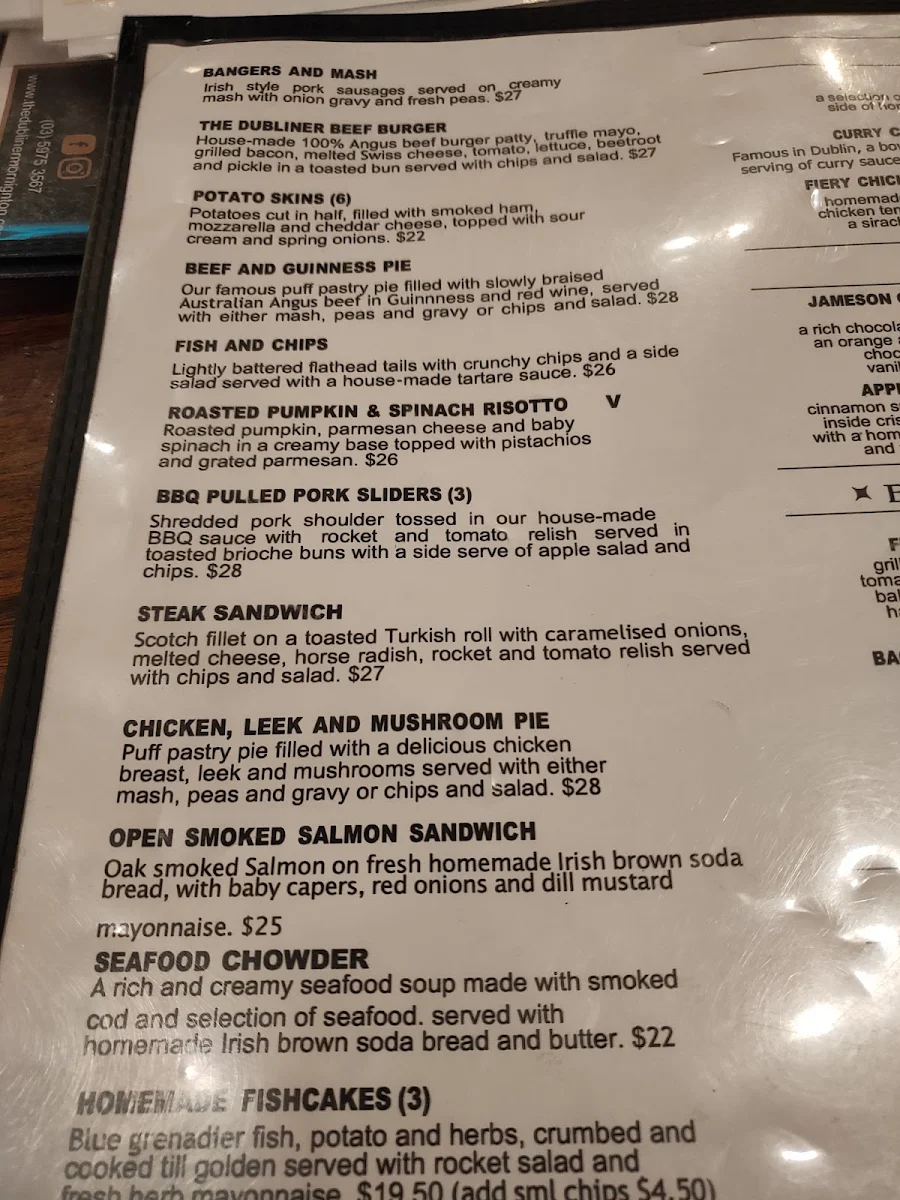 Menu, The Dubliner in Mornington