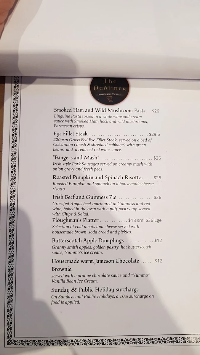 Menu, The Dubliner in Mornington