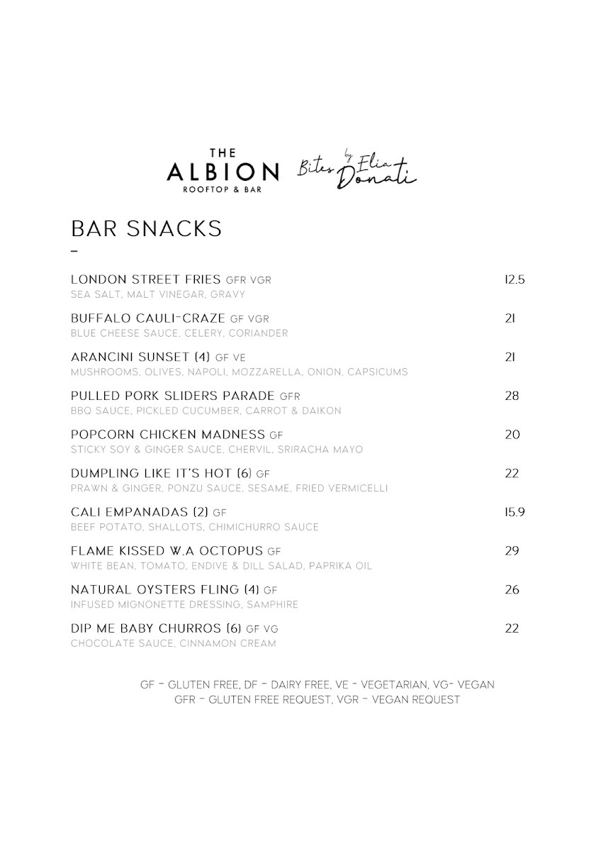 Menu, The Albion Rooftop