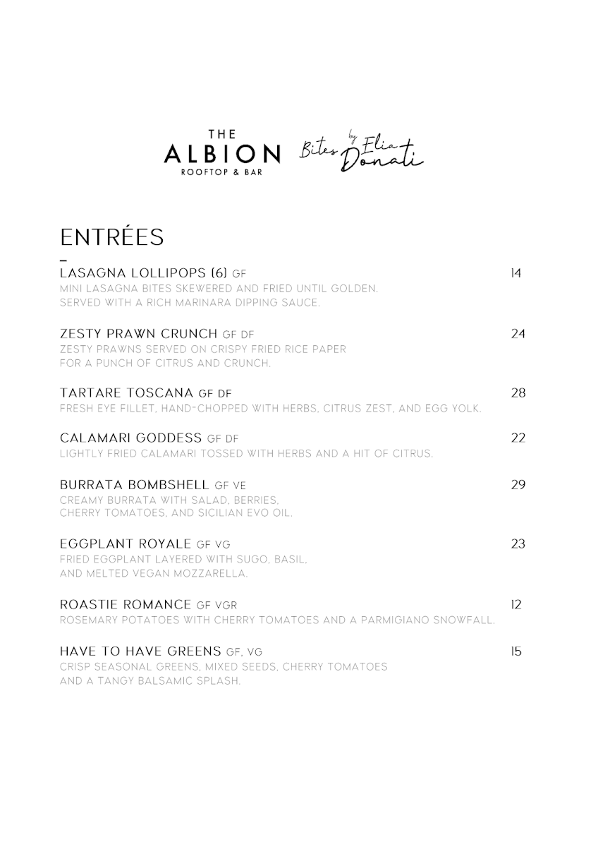 Menu, The Albion Rooftop