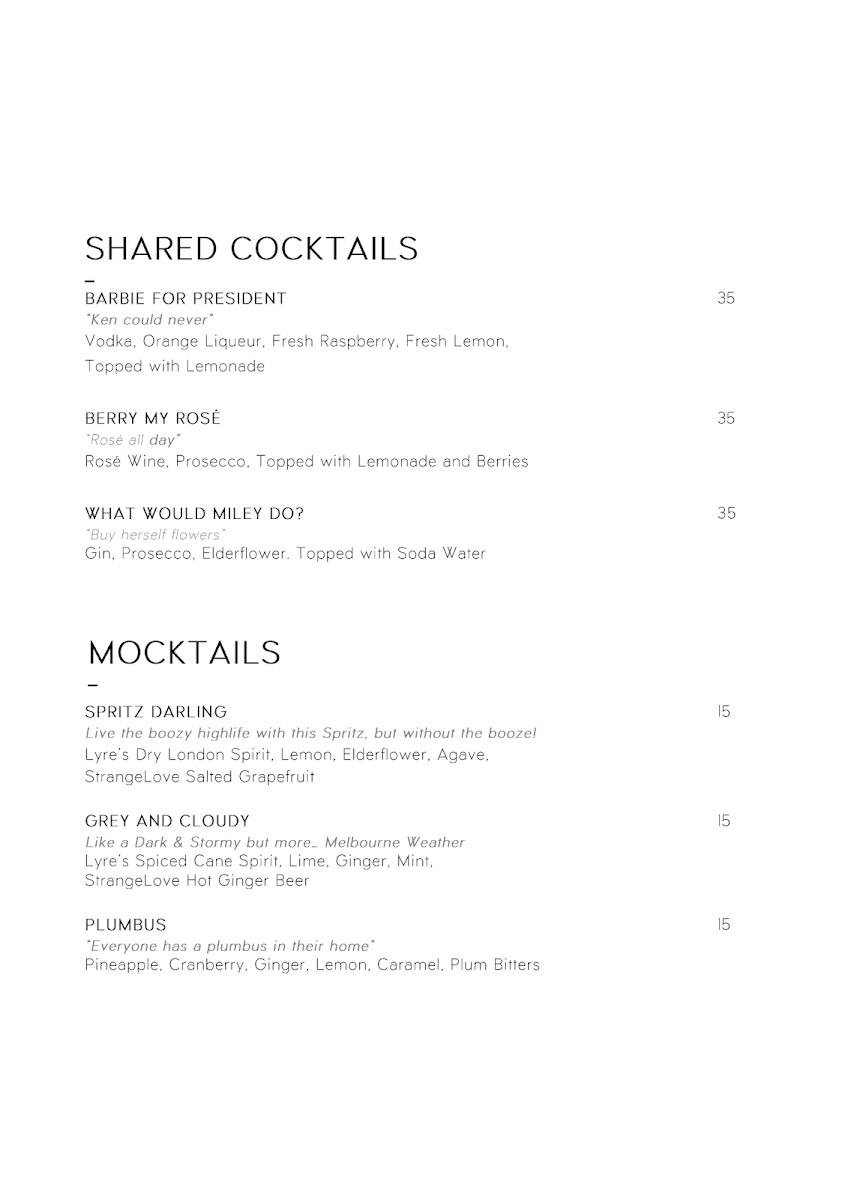 Menu, The Albion Rooftop