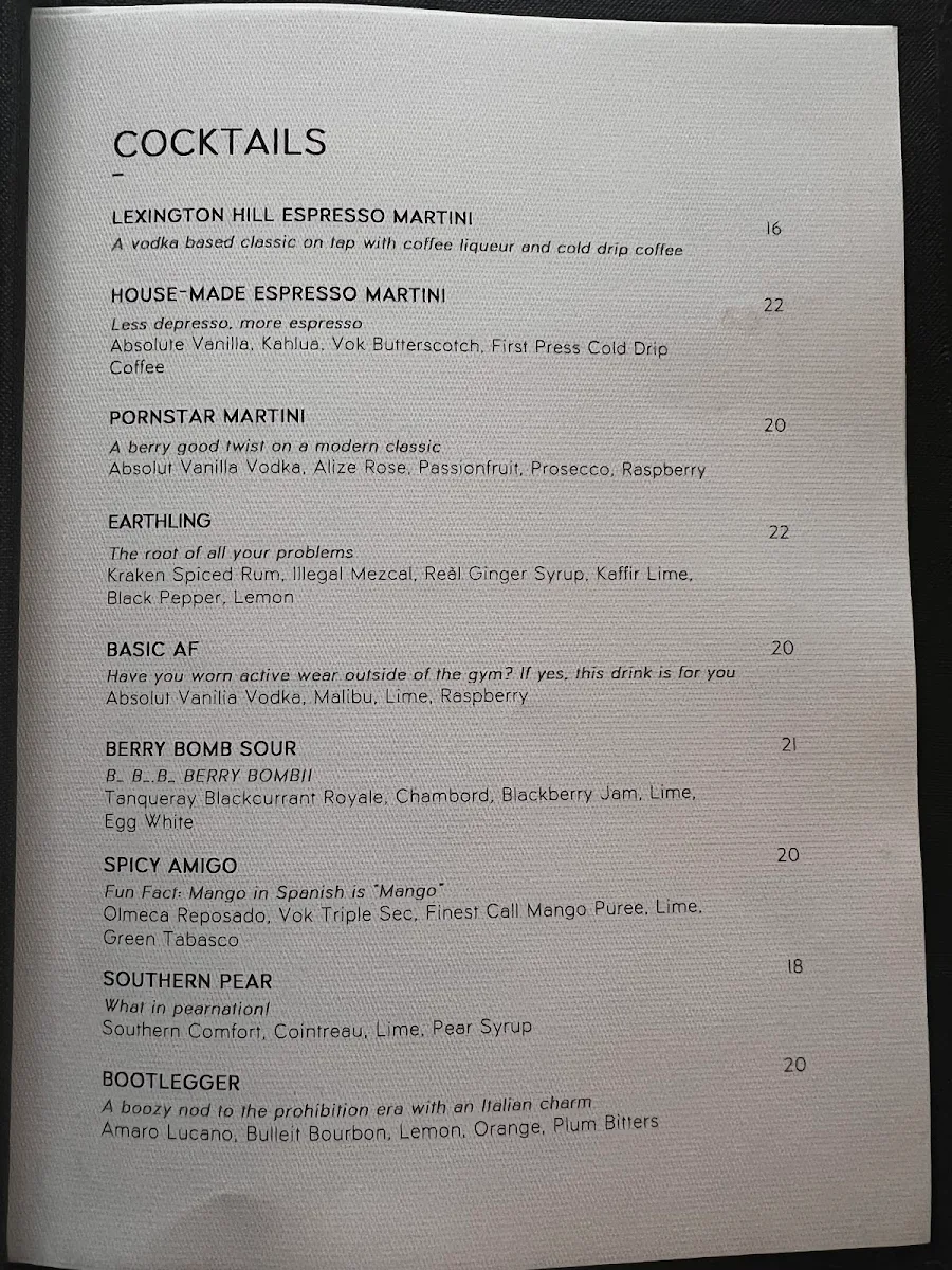 Menu, The Albion Rooftop