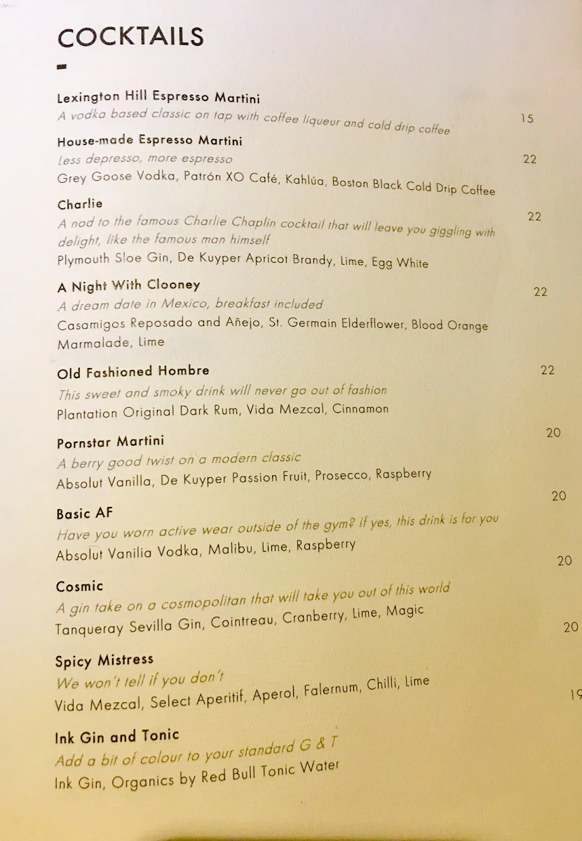 Menu, The Albion Rooftop
