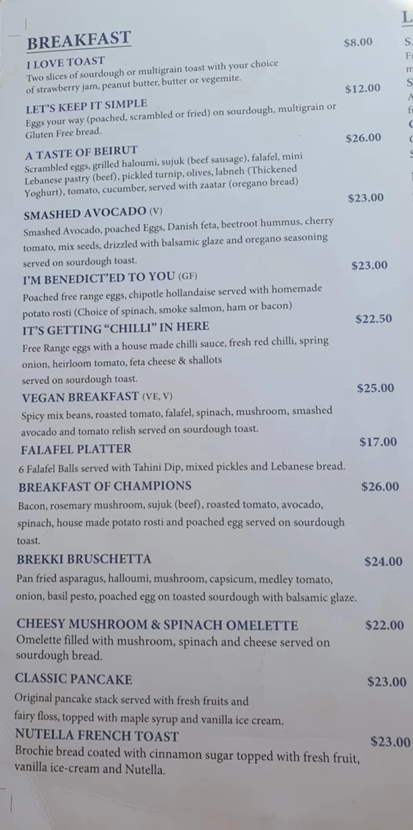 Menu, Culpa Espresso Aintree