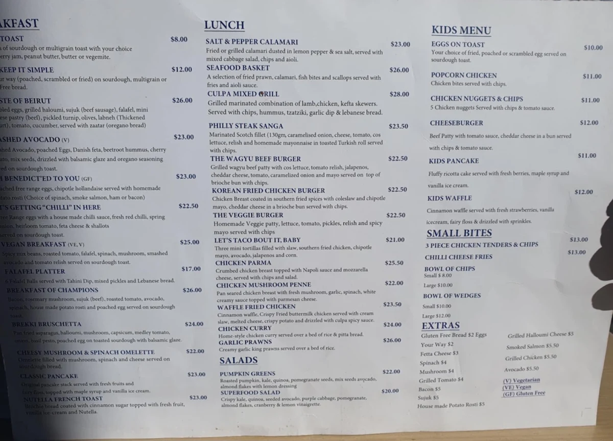 Menu, Culpa Espresso Aintree