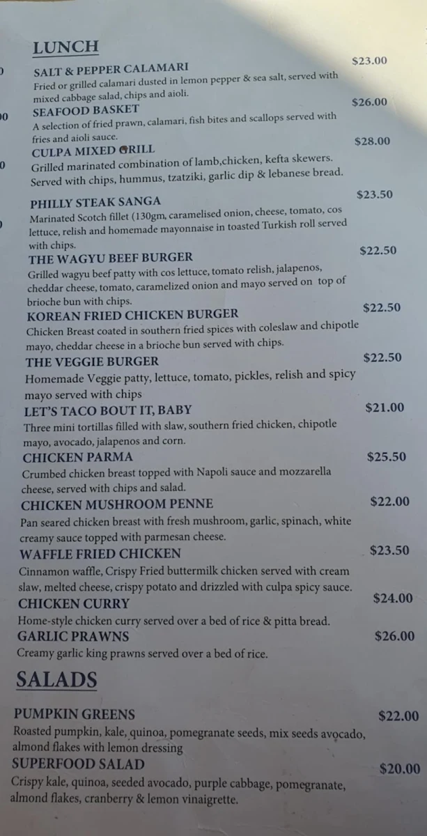 Menu, Culpa Espresso Aintree