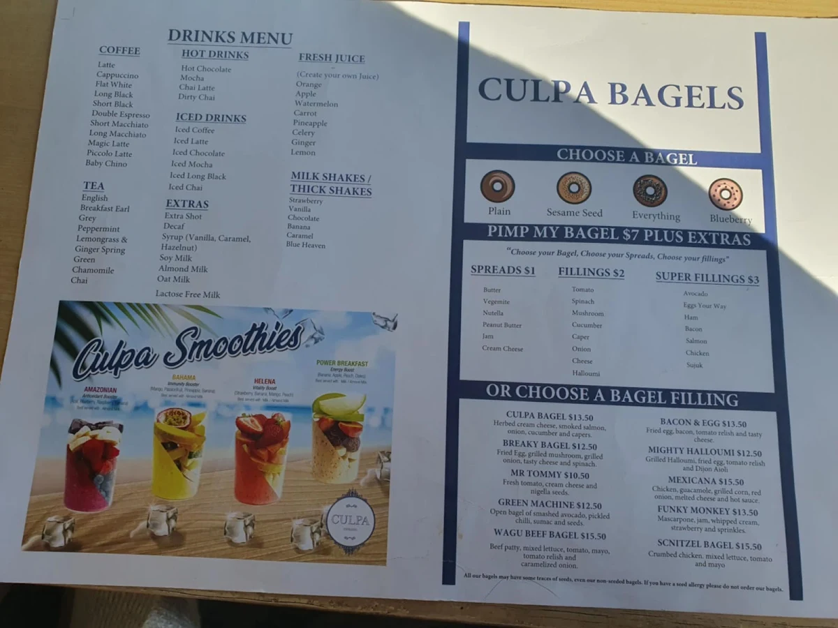 Menu, Culpa Espresso Aintree