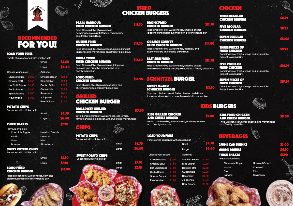 Menu, Big Mumma's Fried Chicken