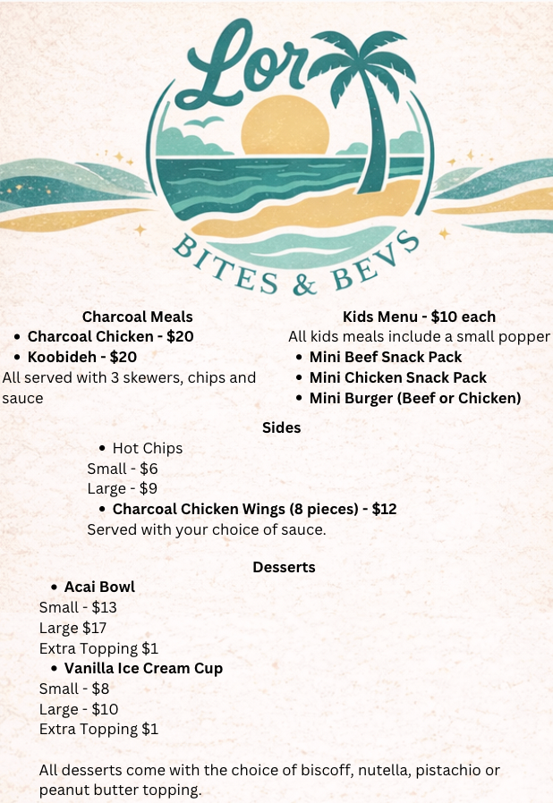 Menu, Lor Bites and Bevs
