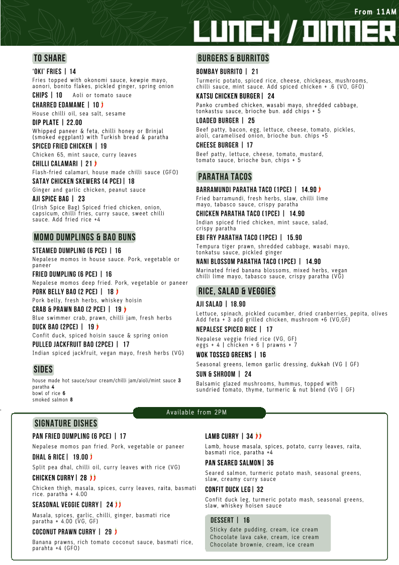 Menu, Aji Spice House
