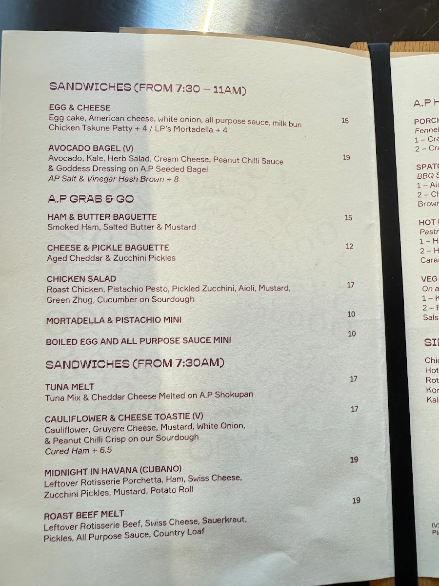 Menu, A.P Quay (A.P Bakery)