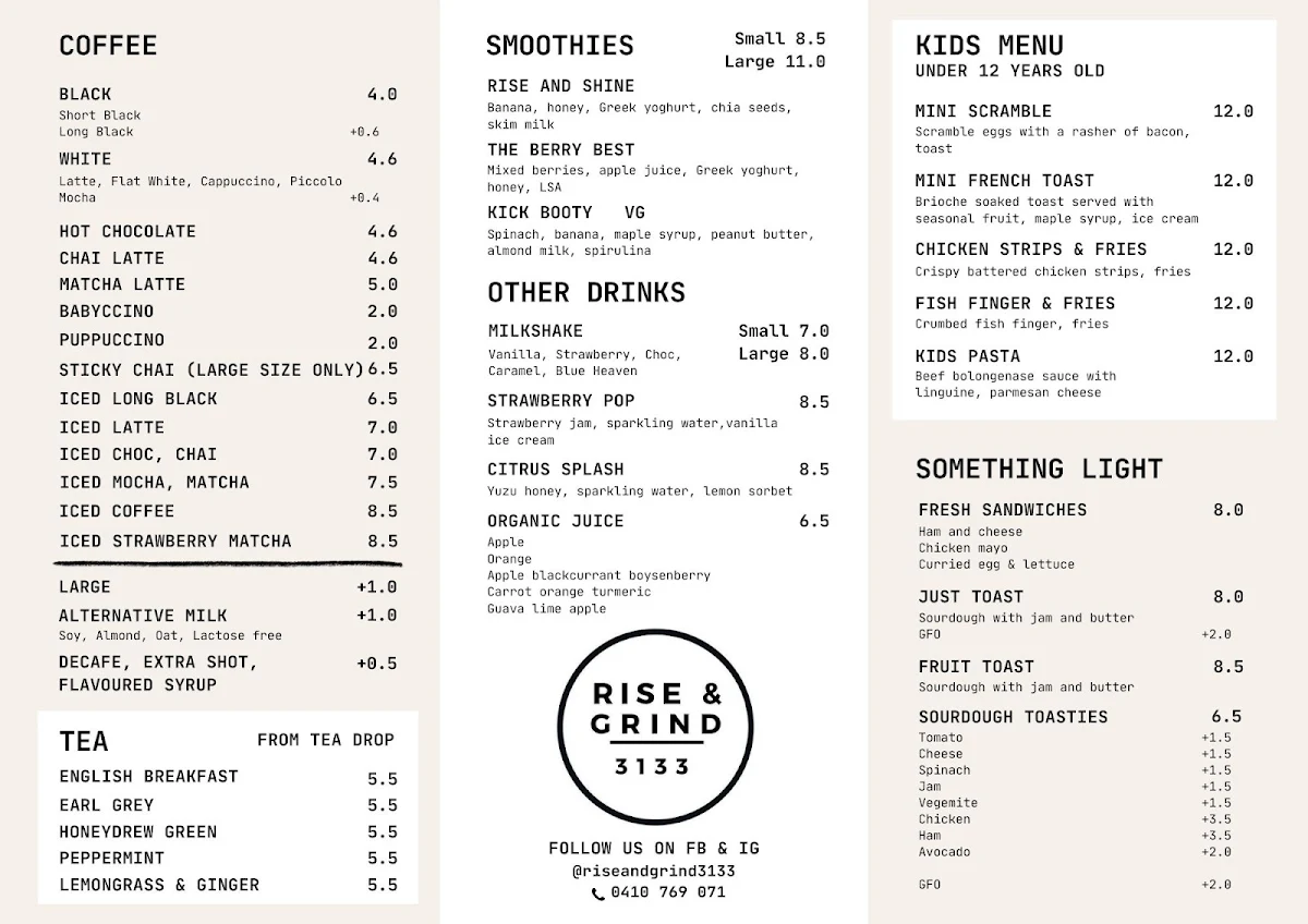 Menu, Rise and Grind 3133
