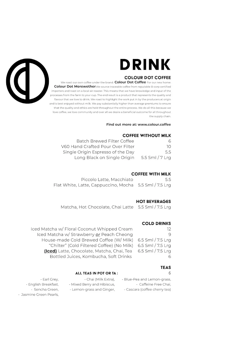 Menu, Colour dot coffee