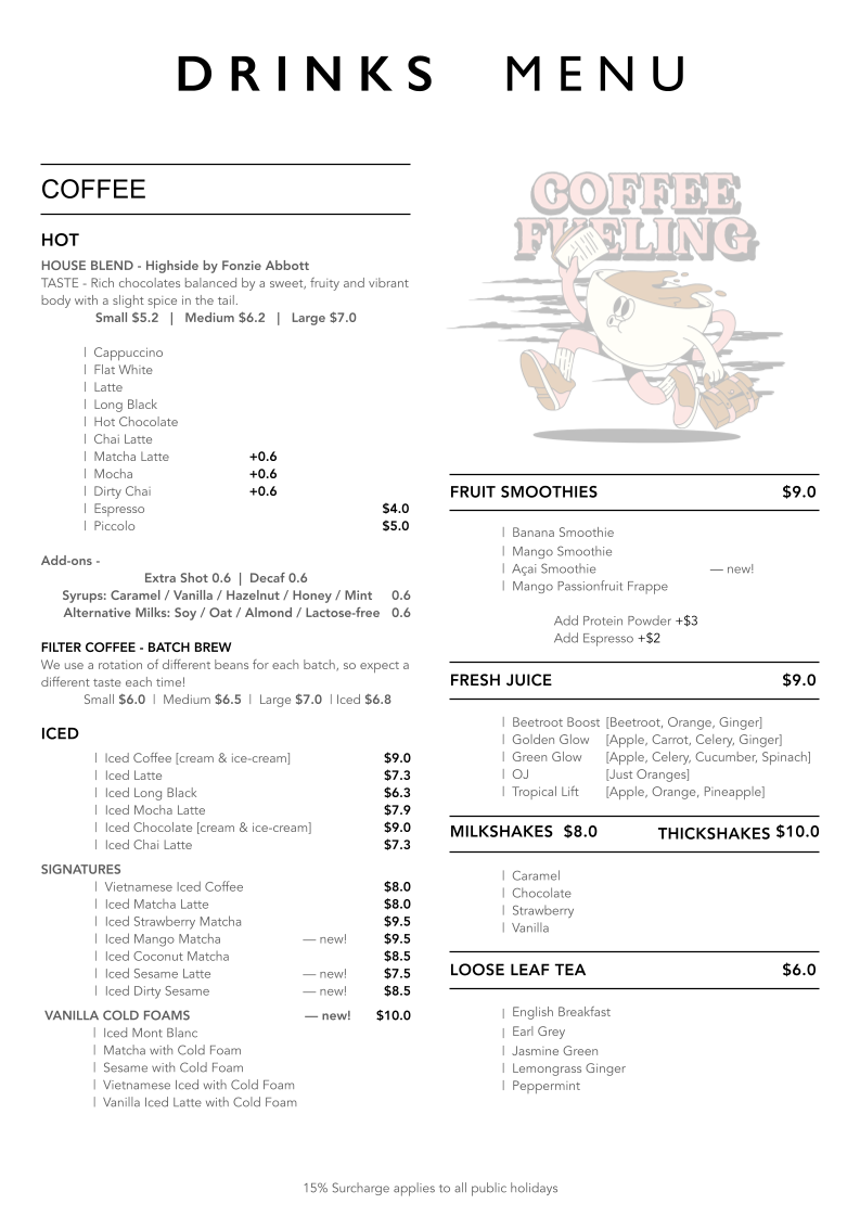 Menu, Espresso Hut